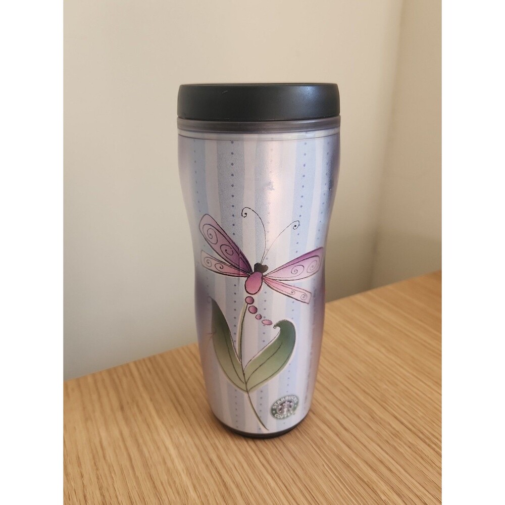 Starbucks 2001 Blue Travel Tumbler w/ Dragonfly & Other Insects 16oz
